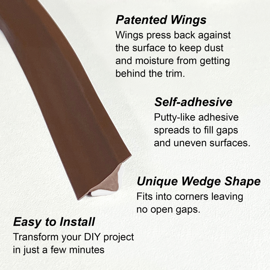InstaTrim Benefits include patented wings, self-adhesive back, unique wedge shape.