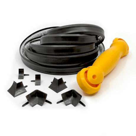 InstaTrim project kit in black with flexible trim spool, applicator tool, and corner and end caps for clean edging