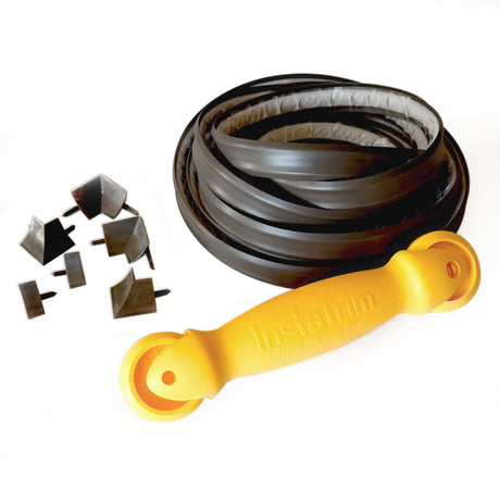 InstaTrim project kit in bronze with flexible trim spool, applicator tool, and corner and end caps for clean edging
