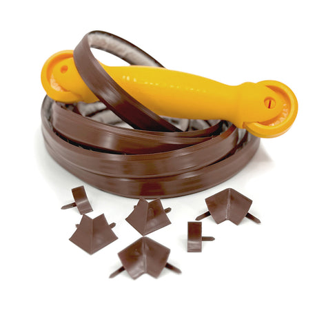 InstaTrim project kit in dark brown with flexible trim spool, applicator tool, and corner and end caps for clean edging