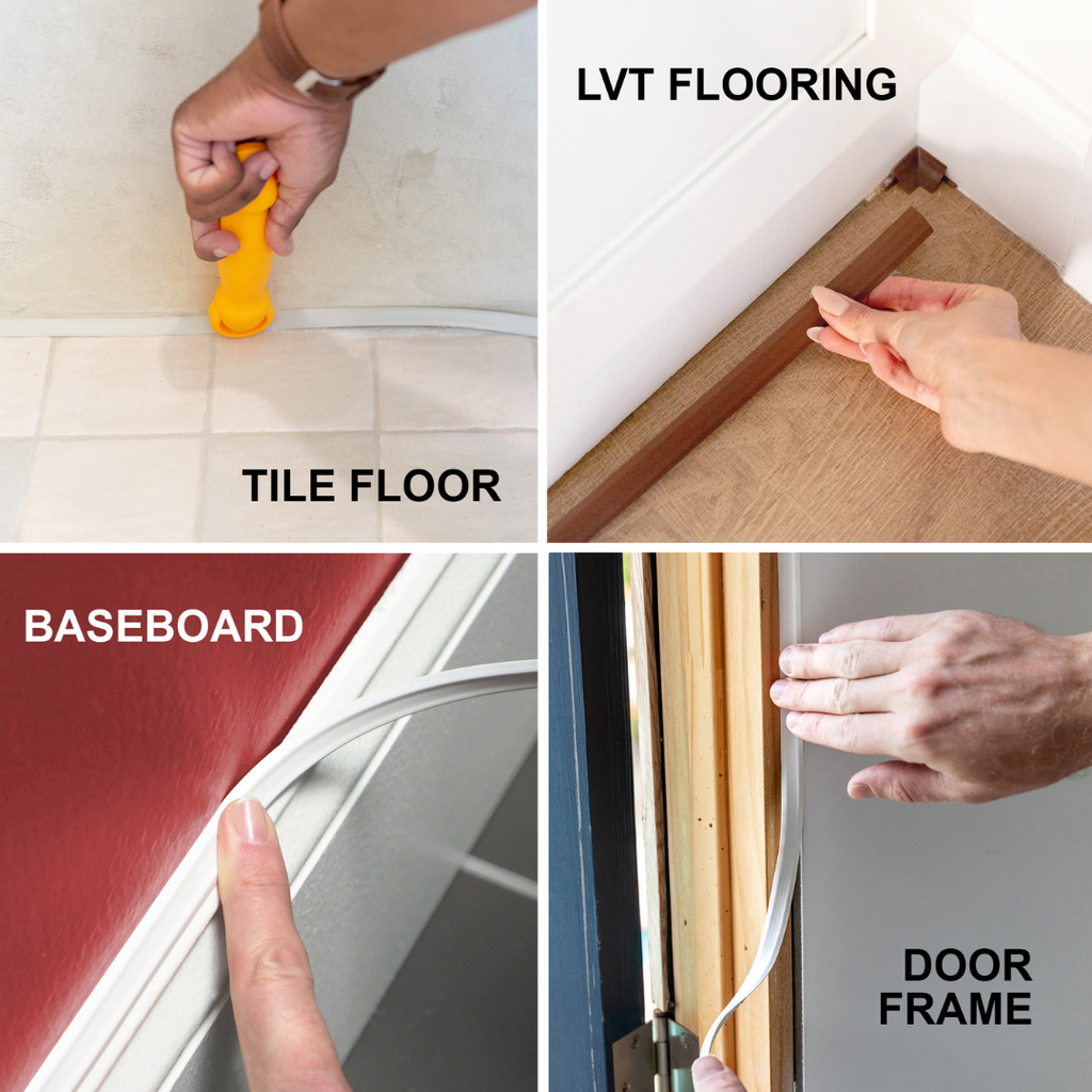 Use flexible trim for any trim project, tile floor, laminate flooring, baseboards, and door frames
