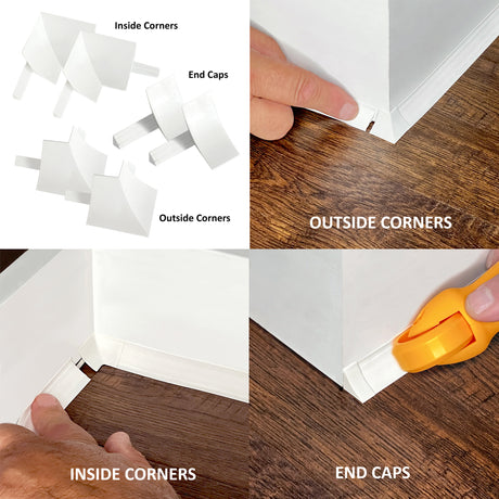 Step-by-step guide on applying corner and end caps to a wooden floor with close-up shots.