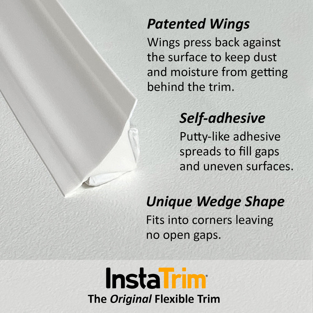 InstaTrim Benefits include patented wings, self-adhesive back, unique wedge shape.