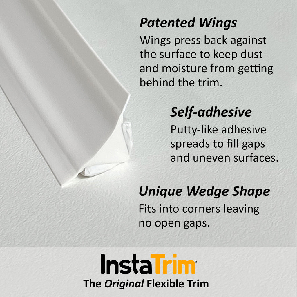 Benefits of flexible trim include patented wings, self-adhesive backing, and a unique wedge shape