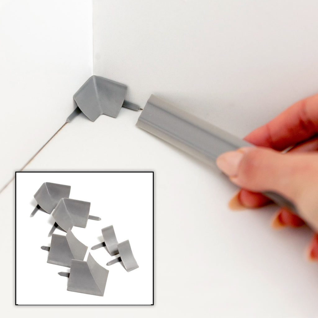 Grey 6 pack Variety pack of InstaTrim corners and end caps with installation.
